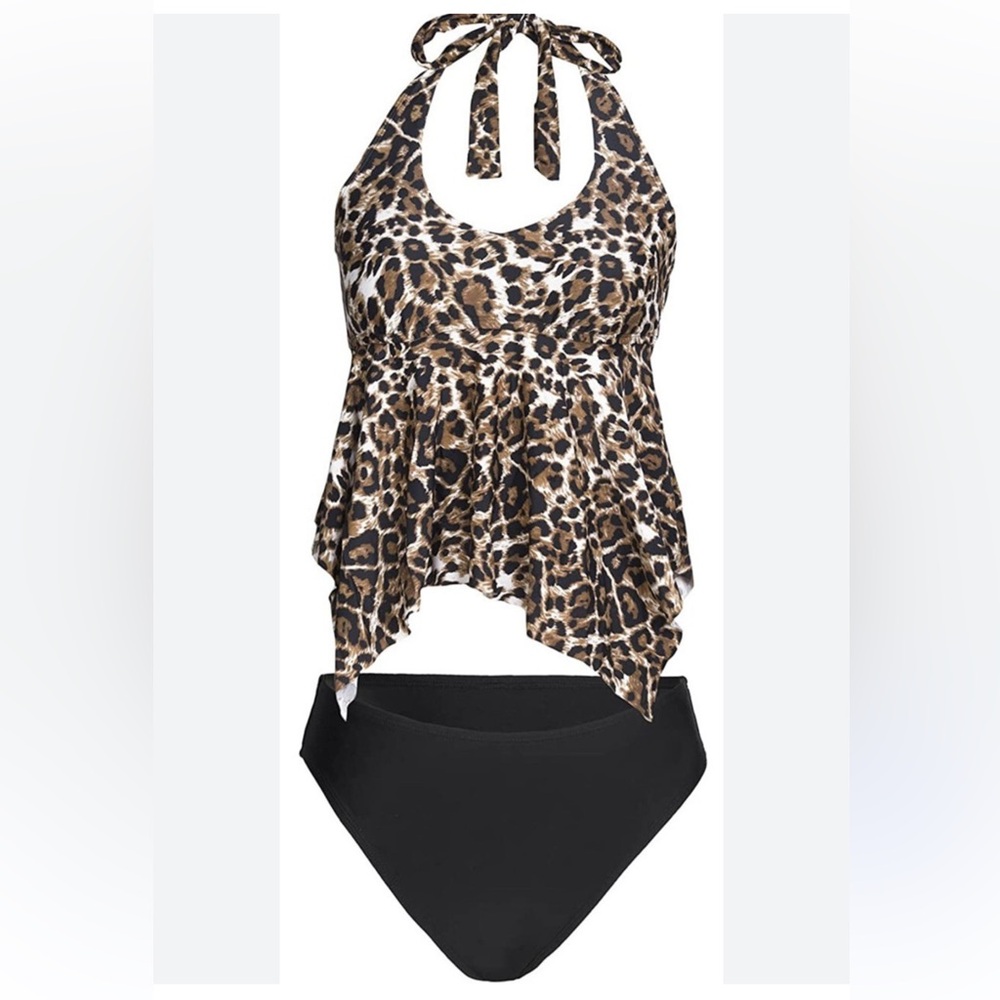 Womens Tankini Leopard Swimsuit Tummy Control Bathing Suit Modest NWT L